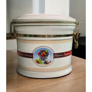 VTG KNOTT’S BERRY FARM 2007 Canister Storage Jar Hinged Lid Ceramic Fruit Print